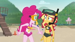 Size: 1280x720 | Tagged: safe, screencap, pinkie pie, sunset shimmer, human, equestria girls, g4, my little pony equestria girls: better together, unsolved selfie mysteries, beach shorts swimsuit, belly button, clothes, dive mask, duo, duo female, female, geode of empathy, geode of sugar bombs, goggles, legs together, magical geodes, one-piece swimsuit, pinkie pie swimsuit, snorkel, sunset shimmer's beach shorts swimsuit, swimsuit, when she doesn't smile