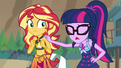 Size: 1280x720 | Tagged: safe, screencap, sci-twi, sunset shimmer, twilight sparkle, equestria girls, g4, my little pony equestria girls: better together, unsolved selfie mysteries, belly button, clothes, eyes closed, geode of empathy, geode of telekinesis, ponytail, swimsuit