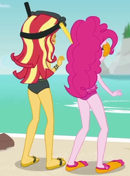 Size: 487x657 | Tagged: safe, screencap, pinkie pie, sunset shimmer, equestria girls, equestria girls series, g4, unsolved selfie mysteries, ass, beach shorts swimsuit, butt, clothes, cropped, dive mask, feet, female, flip-flops, goggles, rear view, sandals, sunset shimmer's beach shorts swimsuit, swimsuit