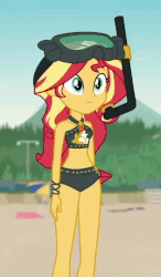 Size: 632x1080 | Tagged: safe, screencap, sunset shimmer, equestria girls, g4, my little pony equestria girls: better together, unsolved selfie mysteries, animated, beach shorts swimsuit, belly button, bikini, clothes, cropped, dive mask, eh, female, geode of empathy, gif, goggles, shrug, shrugset shimmer, solo, sunset shimmer's beach shorts swimsuit, swimsuit, unamused