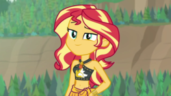 Size: 1920x1080 | Tagged: safe, screencap, sunset shimmer, equestria girls, equestria girls series, g4, unsolved selfie mysteries, belly button, clothes, female, geode of empathy, hand on hip, lidded eyes, looking at you, magical geodes, pine tree, smiling, solo, swimsuit, tree