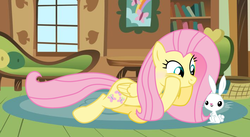 Size: 3245x1777 | Tagged: safe, artist:rachelclaraart, angel bunny, fluttershy, pony, g4, prone