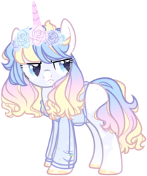 Size: 4498x5390 | Tagged: safe, artist:kazanzh, oc, oc only, pony, unicorn, absurd resolution, clothes, female, floral head wreath, flower, mare, shirt, simple background, solo, white background