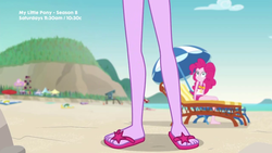 Size: 1280x720 | Tagged: safe, screencap, pinkie pie, sci-twi, twilight sparkle, equestria girls, friendship math, g4, my little pony equestria girls: better together, clothes, feet, female, legs, one-piece swimsuit, pictures of legs, pinkie pie swimsuit, sandals, swimsuit, umbrella