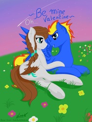 Size: 768x1024 | Tagged: safe, artist:wing, oc, oc:scarlett drop, oc:wing hurricane, pegasus, pony, cute, eye contact, flower, grass, ground, holiday, hug, large wings, looking at each other, pigtails, scarricane, shipping, sky, smiling, starfall, stars, sunset, teeth, underhoof, valentine, valentine's day, valentine's day card, wings