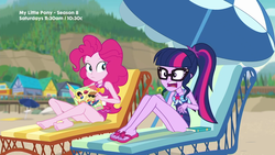 Size: 1280x720 | Tagged: safe, screencap, pinkie pie, sci-twi, twilight sparkle, equestria girls, friendship math, g4, my little pony equestria girls: better together, barefoot, beach chair, chair, clothes, feet, female, geode of sugar bombs, geode of telekinesis, glasses, magical geodes, one-piece swimsuit, pinkie pie swimsuit, ponytail, sandals, sci-twi swimsuit, swimsuit, umbrella