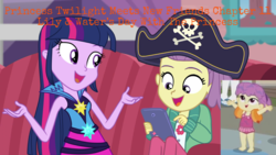 Size: 1280x720 | Tagged: safe, artist:huntercwalls, edit, edited screencap, screencap, lily pad (g4), twilight sparkle, water lily (g4), equestria girls, g4, my little pony equestria girls: better together, my little pony equestria girls: rainbow rocks, pinkie sitting, x marks the spot, clothes, fanfic, fanfic art, friendship, happy, one-piece swimsuit, swimsuit
