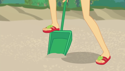 Size: 1280x720 | Tagged: safe, screencap, applejack, equestria girls, equestria girls series, g4, lost and found, beach, close-up, digging, feet, female, legs, pictures of legs, sand, sandals, shovel, solo