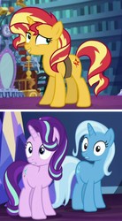 Size: 881x1601 | Tagged: safe, starlight glimmer, sunset shimmer, trixie, pony, unicorn, all bottled up, equestria girls, equestria girls specials, g4, mirror magic, female, magical trio, mare
