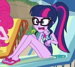 Size: 555x492 | Tagged: safe, screencap, sci-twi, twilight sparkle, equestria girls, friendship math, g4, my little pony equestria girls: better together, clothes, cropped, feet, female, flip-flops, glasses, one-piece swimsuit, sandals, schrödinger's pantsu, sci-twi swimsuit, swimsuit