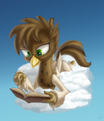 Size: 3000x3508 | Tagged: safe, artist:sharpy, oc, oc only, hippogriff, book, cloud, commission, female, high res, reading, solo