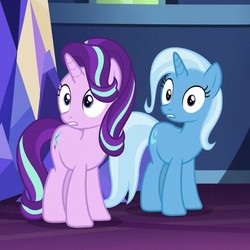 Size: 441x441 | Tagged: safe, screencap, starlight glimmer, trixie, all bottled up, g4, cropped, duo