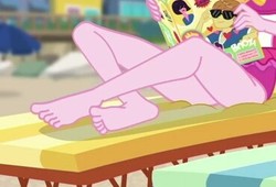 Size: 369x251 | Tagged: safe, screencap, feather bangs, pinkie pie, equestria girls, friendship math, g4, my little pony equestria girls: better together, barefoot, clothes, feet, female, legs, one-piece swimsuit, pictures of legs, pinkie pie swimsuit, swimsuit