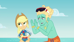 Size: 1280x720 | Tagged: safe, screencap, applejack, zephyr breeze, blue crushed, equestria girls, equestria girls series, g4, belly button, clothes, male nipples, nipples, partial nudity, sunglasses, topless