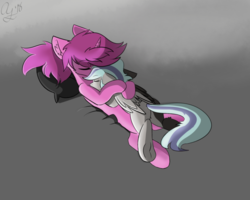 Size: 698x559 | Tagged: safe, alternate version, artist:aurorafang, oc, oc:aurorafang, oc:cherishquill, pegasus, pony, unicorn, cuddling, daughter, father, father and daughter, female, fluffy, horn, male, mare, pillow, stallion, underhoof, wings