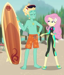 Size: 455x536 | Tagged: safe, screencap, fluttershy, zephyr breeze, blue crushed, equestria girls, equestria girls series, g4, barefoot, chest hair, clothes, cropped, duo, eyes closed, feet, male, male feet, male nipples, nipples, sandals, shorts, smiling, sunglasses, surfboard, swimsuit, wetsuit, zephyr's necklace