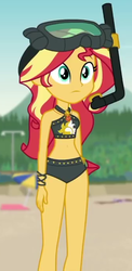 Size: 334x687 | Tagged: safe, screencap, sunset shimmer, equestria girls, g4, my little pony equestria girls: better together, unsolved selfie mysteries, beach shorts swimsuit, belly button, bikini, clothes, cropped, dive mask, female, midriff, snorkel, solo, summer sunset, sunset shimmer swimsuit, sunset shimmer's beach shorts swimsuit, swimsuit
