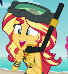 Size: 660x718 | Tagged: safe, screencap, sunset shimmer, equestria girls, g4, my little pony equestria girls: better together, unsolved selfie mysteries, beach shorts swimsuit, belly button, clothes, cropped, cute, dive mask, goggles, shimmerbetes, snorkel, sunset shimmer's beach shorts swimsuit, swimsuit