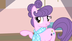 Size: 1280x720 | Tagged: safe, screencap, suri polomare, earth pony, pony, g4, rarity takes manehattan, clothes, female, scarf, smiling