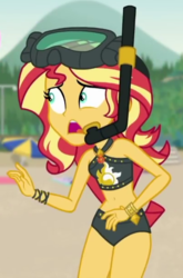 Size: 400x607 | Tagged: safe, screencap, sunset shimmer, equestria girls, g4, my little pony equestria girls: better together, unsolved selfie mysteries, beach shorts swimsuit, belly button, clothes, cropped, dive mask, female, goggles, snorkel, solo, sunset shimmer swimsuit, sunset shimmer's beach shorts swimsuit, swimsuit