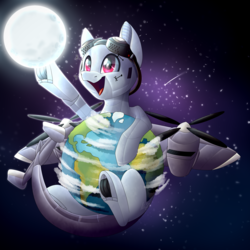 Size: 2500x2500 | Tagged: safe, artist:rainbow tea, oc, oc:dorn, original species, plane pony, pony, do 217 n2, earth, goggles, high res, macro, male, moon, plane, pony bigger than a planet, smiling, space, stallion, stars, tangible heavenly object