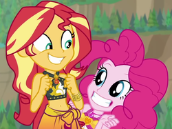 Size: 961x719 | Tagged: safe, screencap, pinkie pie, sunset shimmer, equestria girls, g4, my little pony equestria girls: better together, unsolved selfie mysteries, belly button, cropped, duo, faic, female, geode of empathy, geode of sugar bombs, grin, smiling, squee, stomach