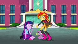 Size: 1920x1080 | Tagged: safe, screencap, spike, sunset shimmer, twilight sparkle, alicorn, dog, equestria girls, g4, rainbow rocks, book, dialogue, door, doors, gritted teeth, helping, journey book, looking at each other, looking down, looking up, smiling, spike the dog, stairs, twilight sparkle (alicorn)