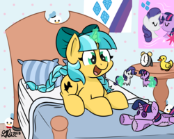 Size: 1000x800 | Tagged: safe, artist:glimglam, rarity, twilight sparkle, oc, oc:ducky ink, duck, pony, unicorn, g4, alarm clock, bed, bedroom, bow, braid, braided tail, clock, cute, doll, donald duck, female, hair bow, happy, lesbian, levitation, magic, male, mare, ocbetes, open mouth, plushie, poster, prone, rubber duck, ship:rarilight, shipper on deck, shipping, smiling, solo, telekinesis, toy