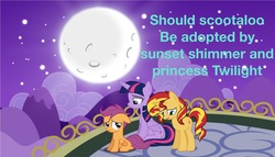 Size: 1798x1027 | Tagged: dead source, safe, artist:php77, editor:php77, scootaloo, sunset shimmer, twilight sparkle, alicorn, pony, g4, balcony, crying, moon, night, twilight sparkle (alicorn)