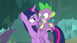 Size: 2542x1438 | Tagged: safe, screencap, spike, twilight sparkle, alicorn, dragon, pony, g4, molt down, dragons riding ponies, duo, female, male, mare, riding, spike riding twilight, twilight sparkle (alicorn), winged spike, wings