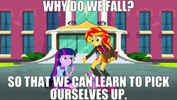 Size: 1920x1080 | Tagged: safe, edit, edited screencap, screencap, spike, sunset shimmer, twilight sparkle, alicorn, dog, equestria girls, g4, my little pony equestria girls: rainbow rocks, advice, alfred pennyworth, batman, batman begins, book, bruce wayne, christian bale, dialogue, door, doors, gritted teeth, helping, journey book, looking at each other, looking down, looking up, motivation, smiling, spike the dog, stairs, twilight sparkle (alicorn)