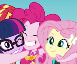 Size: 864x720 | Tagged: safe, edit, edited screencap, screencap, fluttershy, pinkie pie, sci-twi, sunset shimmer, twilight sparkle, equestria girls, g4, my little pony equestria girls: better together, unsolved selfie mysteries, clothes, cropped, cute, diapinkes, geode of empathy, geode of fauna, geode of sugar bombs, selfie, shyabetes, swimsuit, twiabetes