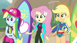 Size: 1280x720 | Tagged: safe, screencap, applejack, fluttershy, rainbow dash, blue crushed, equestria girls, equestria girls series, g4, applejack's hat, cap, clothes, cowboy hat, female, geode of empathy, geode of shielding, geode of sugar bombs, geode of super speed, geode of super strength, geode of telekinesis, hat, magical geodes, rash guard, surfboard, swimsuit, wetsuit