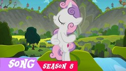 Size: 1280x720 | Tagged: safe, screencap, sweetie belle, g4, surf and/or turf, harmonizing heights, singing, smiling, tree, your heart is in two places