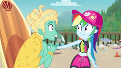Size: 1280x720 | Tagged: safe, screencap, gladys, rainbow dash, zephyr breeze, blue crushed, equestria girls, g4, my little pony equestria girls: better together, belly button, clothes, geode of super speed, magical geodes, midriff, rainbow dash's beach shorts swimsuit, surfboard, swimsuit