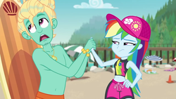 Size: 1280x720 | Tagged: safe, screencap, gladys, rainbow dash, zephyr breeze, blue crushed, equestria girls, equestria girls series, g4, annoyed, beach, belly button, clothes, female, geode of super speed, magical geodes, male, midriff, partial nudity, rainbow dash is not amused, surfboard, swimsuit, topless, unamused