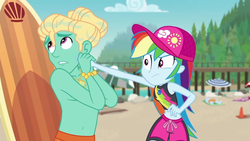 Size: 1280x720 | Tagged: safe, screencap, gladys, rainbow dash, zephyr breeze, blue crushed, equestria girls, g4, my little pony equestria girls: better together, baseball cap, belly button, cap, clothes, geode of super speed, hat, magical geodes, midriff, partial nudity, rainbow dash is not amused, surfboard, topless, unamused