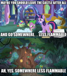 Size: 1920x2160 | Tagged: safe, edit, edited screencap, screencap, spike, twilight sparkle, alicorn, pony, g4, molt down, bed, book, bookshelf, castle, door, doorway, everfree forest, female, image macro, mare, meme, stone scales, tree, twilight sparkle (alicorn), zecora's hut