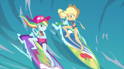 Size: 1280x720 | Tagged: safe, screencap, applejack, rainbow dash, blue crushed, equestria girls, g4, my little pony equestria girls: better together, barefoot, clothes, feet, female, geode of super speed, geode of super strength, magical geodes, surfboard, surfing, swimsuit