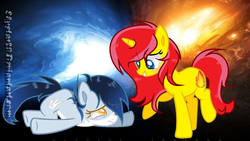 Size: 1024x579 | Tagged: dead source, safe, artist:jxst-blue, oc, oc only, oc:flaming flare, oc:snowy fly, earth pony, pony, unicorn, female, mare, prone