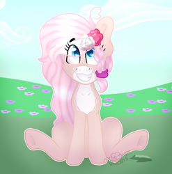 Size: 1025x1036 | Tagged: safe, artist:thatonefluffs, oc, oc only, oc:lotus, earth pony, pony, female, flower, mare, sitting, solo