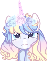 Size: 2557x3349 | Tagged: safe, artist:kazanzh, oc, oc only, pony, unicorn, bust, female, floral head wreath, flower, high res, mare, portrait, simple background, solo, white background