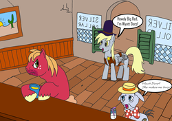 Size: 1280x900 | Tagged: safe, artist:hakar-kerarmor, derpibooru exclusive, big macintosh, derpy hooves, mr. waddle, earth pony, pegasus, pony, g4, bowtie, female, hat, male, mare, saloon, spike jones, stallion, wyatt earp