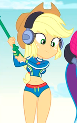 Size: 615x984 | Tagged: safe, artist:sapphire, edit, edited screencap, editor:sapphire, screencap, applejack, equestria girls, equestria girls series, g4, lost and found, belly button, breast edit, breasts, busty applejack, clothes, cropped, female, headphones, hips, legs, swimsuit