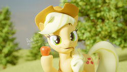 Size: 1024x576 | Tagged: safe, artist:dashyoshi, applejack, pony, g4, 3d, apple, female, food, solo
