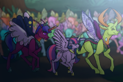 Size: 1800x1200 | Tagged: safe, artist:percy-mcmurphy, thorax, twilight sparkle, oc, oc:alistair, alicorn, changedling, changeling, changepony, hybrid, pony, g4, antennae, antlers, colored sclera, crowd, crown, cutie mark, eyes closed, family, female, horn, hybrid wings, insect wings, interspecies offspring, jewelry, king thorax, male, necklace, next generation, offspring, parent:thorax, parent:twilight sparkle, parents:twirax, public, raised hoof, regalia, shipping, size difference, smiling, straight, trio, twilight sparkle (alicorn), twirax