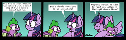 Size: 2450x781 | Tagged: safe, artist:bobthedalek, spike, twilight sparkle, alicorn, dragon, pony, g4, molt down, bait and switch, comic, female, hug, mare, priorities, simple background, skewed priorities, spike is not amused, teal background, twilight sparkle (alicorn), unamused, winged spike, wings