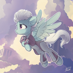 Size: 2200x2200 | Tagged: safe, artist:freeedon, fleetfoot, pegasus, pony, g4, clothes, cloud, female, flying, high res, jumpsuit, looking away, sky, solo, spread wings, warmup suit, wings