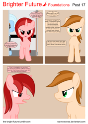 Size: 5656x8000 | Tagged: safe, artist:waveywaves, oc, oc only, oc:crivet, oc:ruby rey, unnamed oc, earth pony, pony, unicorn, comic:brighter future, absurd resolution, comic