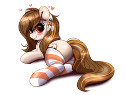Size: 1313x1000 | Tagged: safe, artist:confetticakez, oc, oc only, oc:raven sun, earth pony, pony, blushing, butt, clothes, cute, female, flank, heart, looking at you, mare, ocbetes, on side, plot, prone, redraw, simple background, socks, solo, striped socks, thick, thigh highs, white background